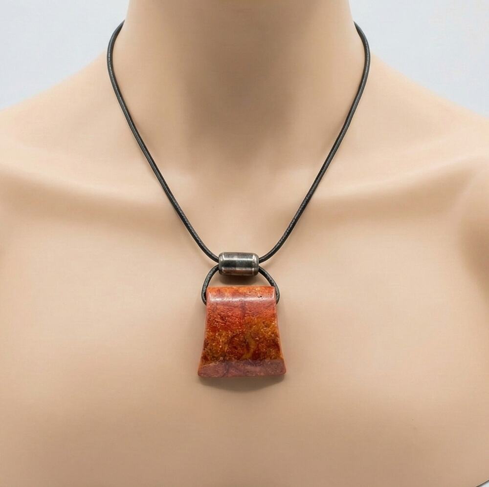 Artisan Sterling Silver 925 Apple Coral Pendant Leather Necklace